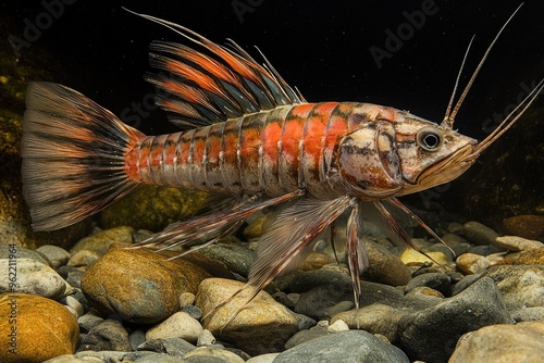 A colorful fish with feathery fins swimming over river rocks photo