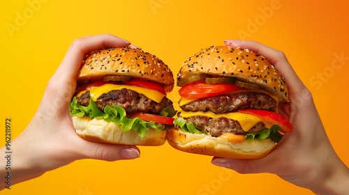 Hands gripping juicy burgers with cheese and veggies, contrasting beautifully with the vibrant orange background.
