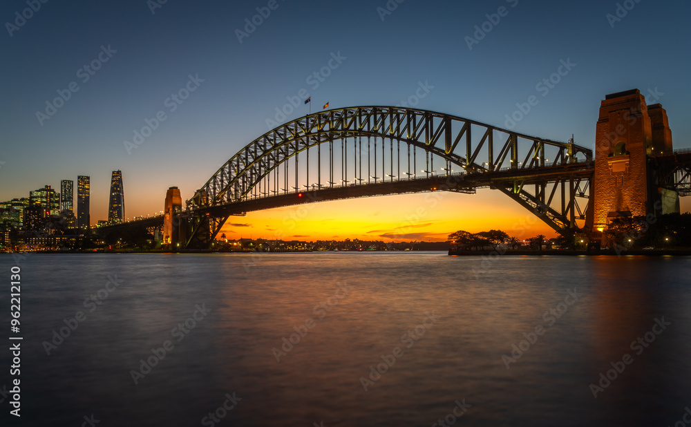 Long exposure of the amazing Sydney Harbour Bridge and Sydney's Downtown from the north bank namely Mattawunga at sunset Long exposure of the amazing Sydney Harbour Bridge and Sydney's Downtown from the north bank namely Mattawunga at sunset