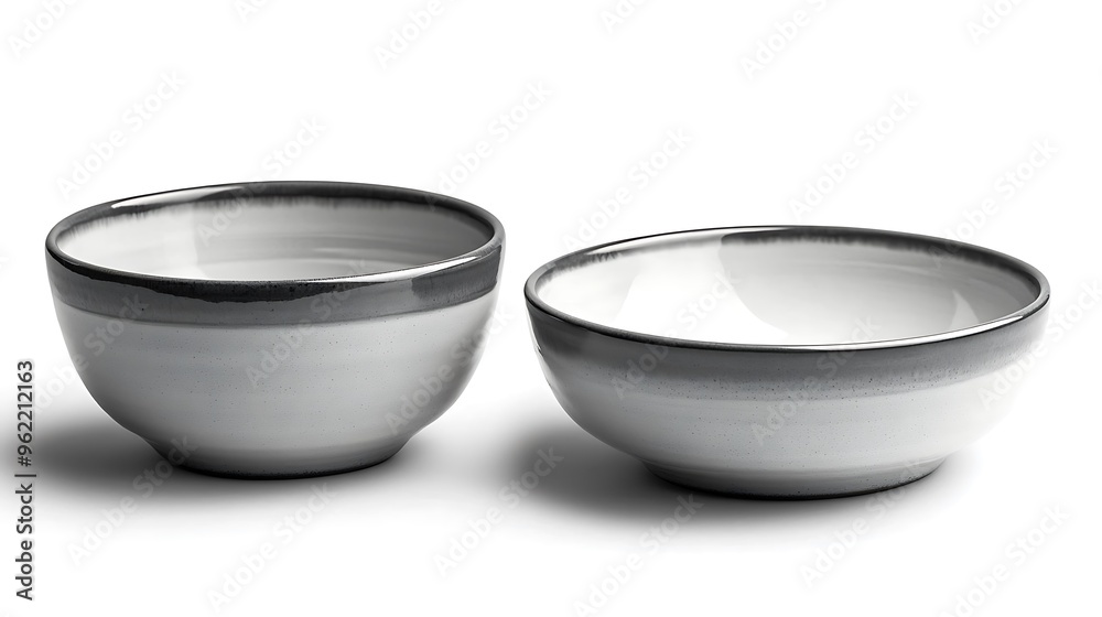 Two empty white bowls with a grey rim on a white background. Two empty white bowls with a grey rim on a white background.