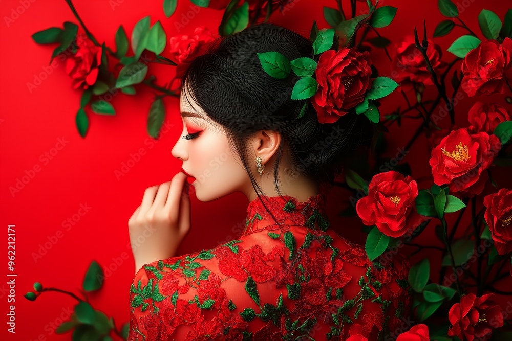 Fototapeta premium A beautiful Asian woman with long black hair is adorned with a red dress and flowers. Her pose is graceful and elegant, and her gaze is soft and contemplative. The red dress symbolizes passion, love, 