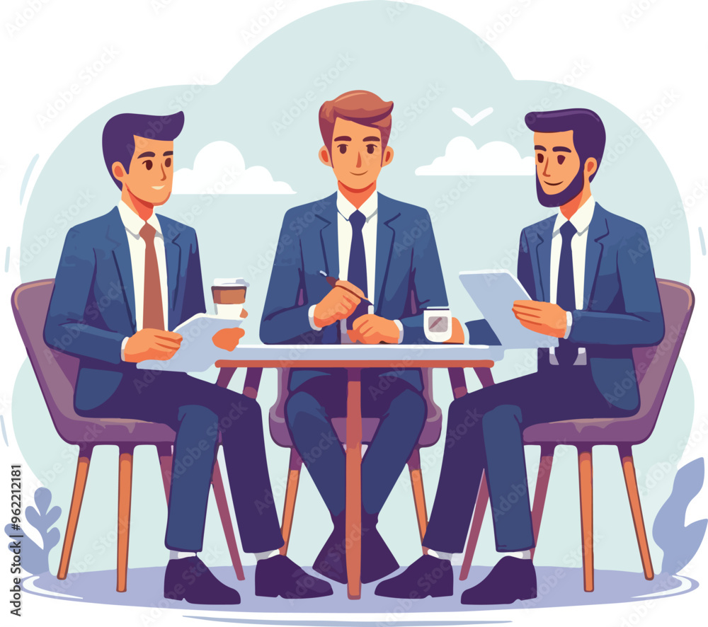 Partners meeting for business discussion with documents and laptop on desk. Couple at round table, speaking, discussing work, partnership. Flat vector illustration isolated on white background
