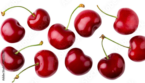Red Cherry fresh berry pattern from flat view isolated on transparent background.