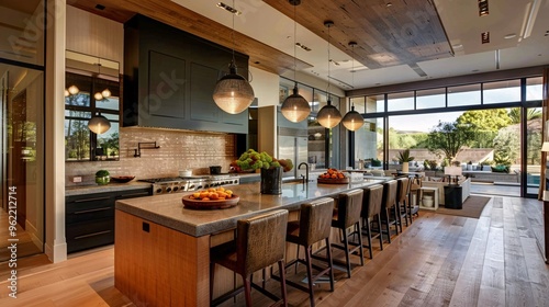 Modern Kitchen with Island and Large Windows