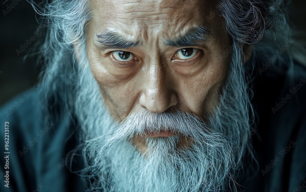 Close-up portrait of a serious-looking Asian elder man with long white beard and hair, staring intensely at the camera. Close-up portrait of a serious-looking Asian elder man with long white beard and hair, staring intensely at the camera.