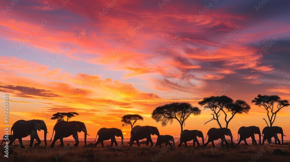 majestic elephant herd silhouetted against fiery sunset sky crossing savanna with acacia trees majestic elephant herd silhouetted against fiery sunset sky crossing savanna with acacia trees