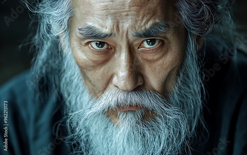 Close-up portrait of a serious-looking Asian elder man with long white beard and hair, staring intensely at the camera.