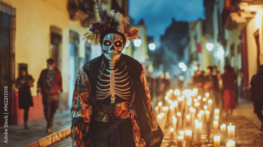 Obraz premium Person in traditional Day of the Dead attire with skeleton face paint, walking on a candlelit street during a nighttime celebration.
