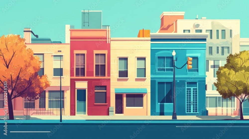 Colorful urban street with vibrant buildings, trees, and clear sky, capturing lively cityscape in a sunny day. Colorful urban street with vibrant buildings, trees, and clear sky, capturing lively cityscape in a sunny day.