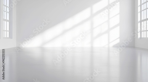 Minimalist interior, expansive white walls, bright and airy atmosphere, ideal for creative endeavors or peaceful reflection, inviting openness and tranquility