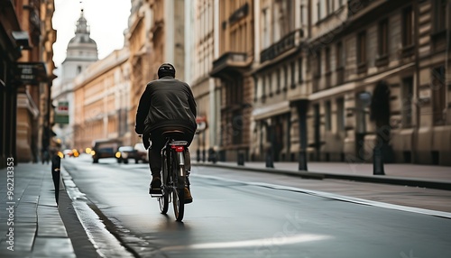 Man Riding Bicycle in Urban Street Scene