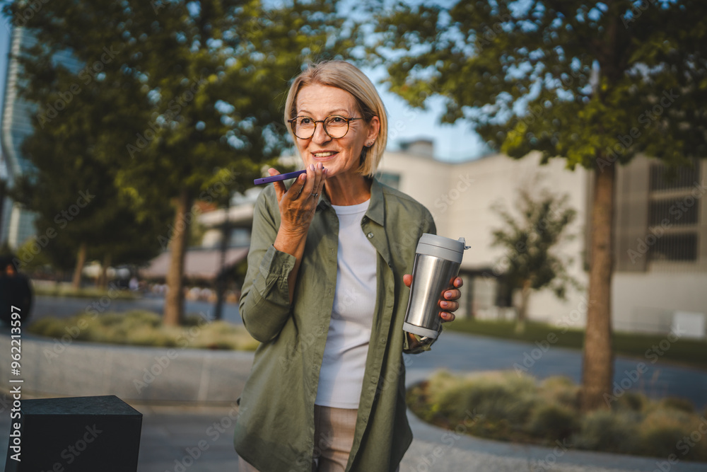 mature woman hold thermos and record voice mail in front the trees mature woman hold thermos and record voice mail in front the trees