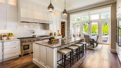 Modern White Kitchen with Island and View of Backyard