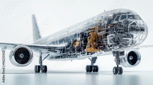 A detailed and realistic of a semi transparent modern airplane, showcasing its exterior and visible photo