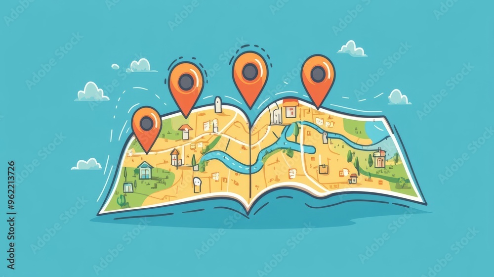 Illustrated interactive map with location markers on a sky blue ...