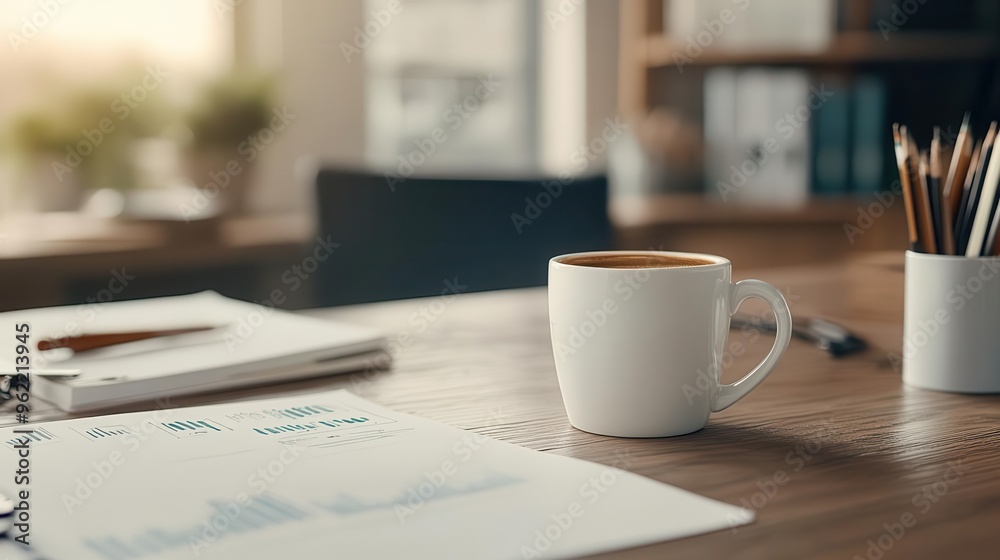 Coffee cup on a cluttered desk, early morning light, workplace setting Coffee cup on a cluttered desk, early morning light, workplace setting