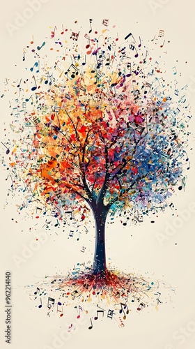 A tree with branches and leaves formed from an array of colorful musical notes, representing the interplay between nature and music in a whimsical, abstract style.