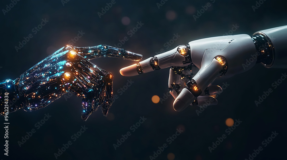 Robot and human hands reaching towards each other, symbolizing a connection between humanity and technology Robot and human hands reaching towards each other, symbolizing a connection between humanity and technology