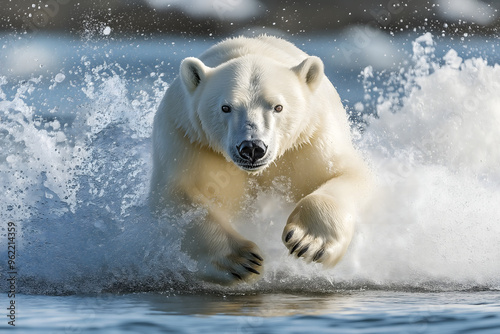 Polar bear splashing in water, wildlife art, Arctic animal illustration, polar bear swimming, ocean splash, nature beauty, animal painting, conservation art, playful bear, wildlife portrait photo