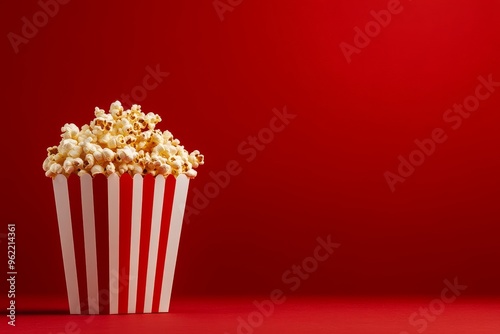 A classic red and white striped popcorn container filled with fluffy popcorn, isolated on a red background. This image evokes a sense of nostalgia, movie nights, and fun. It symbolizes entertainment,  photo