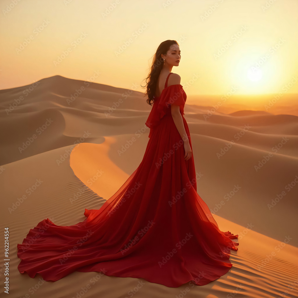 beautiful woman in a long red dress stands in the middle of a desert landscape with high sand dunes beautiful woman in a long red dress stands in the middle of a desert landscape with high sand dunes