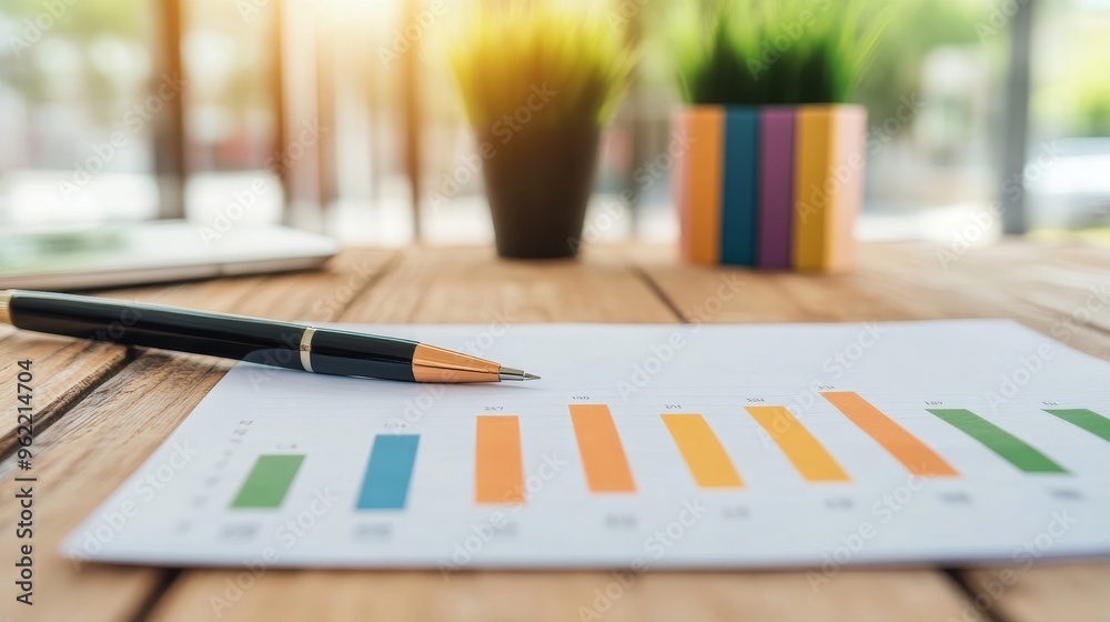 A close-up image of a business plan document featuring a competitor analysis chart. The colorful bars represent different companies, highlighting their strengths and weaknesses. A pen rests beside the A close-up image of a business plan document featuring a competitor analysis chart. The colorful bars represent different companies, highlighting their strengths and weaknesses. A pen rests beside the