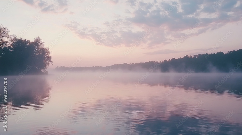 Fototapeta premium A body of water with trees in the background, a foggy sky in the center, and a few clouds scattered around it