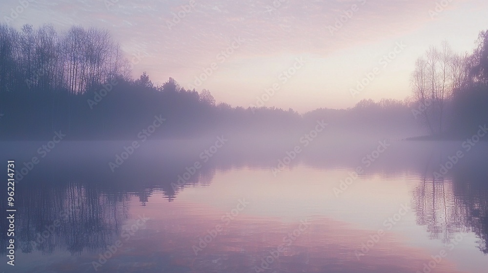 Fototapeta premium Surrounded by trees, a body of water glows in the pink and blue hues of the foggy day sky