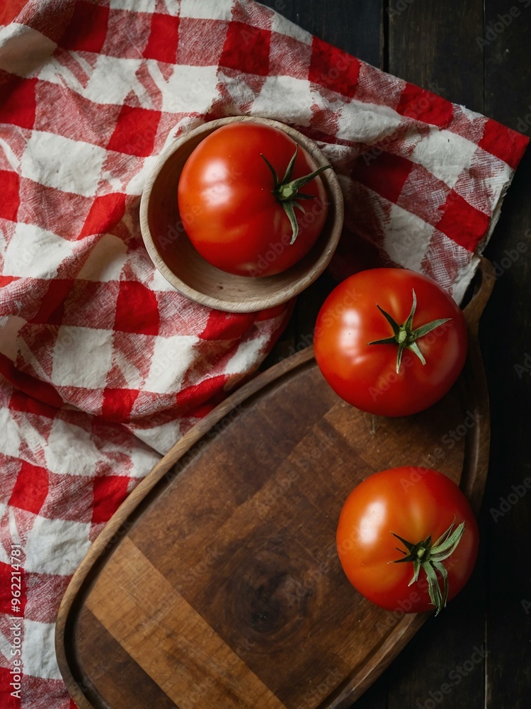 Overhead view of two tomatoes and a red checkered cloth on a cutting board. Overhead view of two tomatoes and a red checkered cloth on a cutting board.