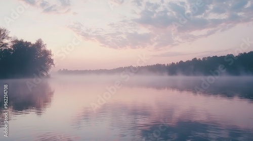  A body of water with trees in the background, a foggy sky in the center, and a few clouds scattered around it