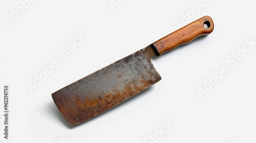 A close-up image of a rusty cleaver with a wooden handle, isolated on a white background. The cleaver has a blunt edge and a curved blade, and it is covered in rust. The image represents a concept of  photo