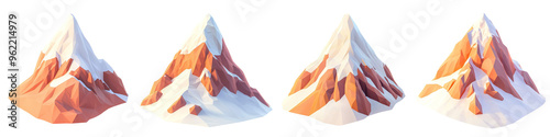 set of A 3D low-poly simple cartoon mountain isometric view, on a transparent background