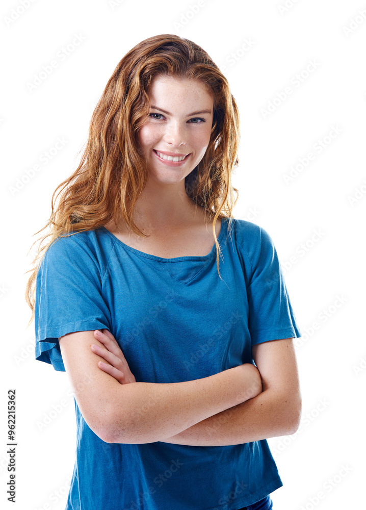 Casual, fashion and portrait of woman in studio with cool aesthetic, confidence and smile. Model, happy student or gen z girl with calm style, arms crossed and isolated on white background in Ireland Casual, fashion and portrait of woman in studio with cool aesthetic, confidence and smile. Model, happy student or gen z girl with calm style, arms crossed and isolated on white background in Ireland
