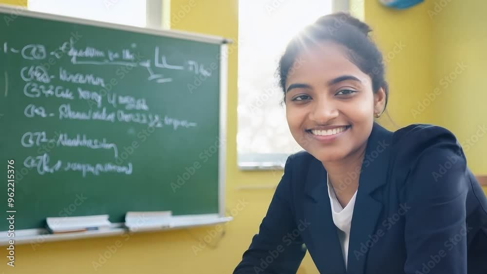 Female student smiling in a classroom with chalkboard in the background. Education and learning environment concept Female student smiling in a classroom with chalkboard in the background. Education and learning environment concept
