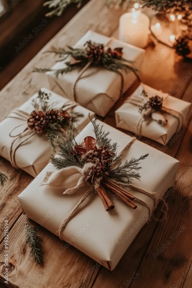 Elegant zero-waste gift wrapping display with dried flowers, cinnamon sticks, and twine on a rustic wooden table in warm natural light Elegant zero-waste gift wrapping display with dried flowers, cinnamon sticks, and twine on a rustic wooden table in warm natural light