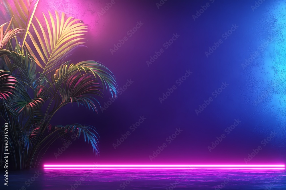 Naklejka premium Neon lights illuminate a tropical plant in a dark room, creating a futuristic on vibrant backdrop.