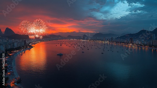 Aerial View of Copacabana Beach with Fireworks at Sunset