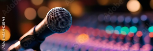 A close-up shot of a microphone with a blurry soundboard in the background. The microphone is in focus, while the soundboard is out of focus. The image symbolizes communication, performance, and the p