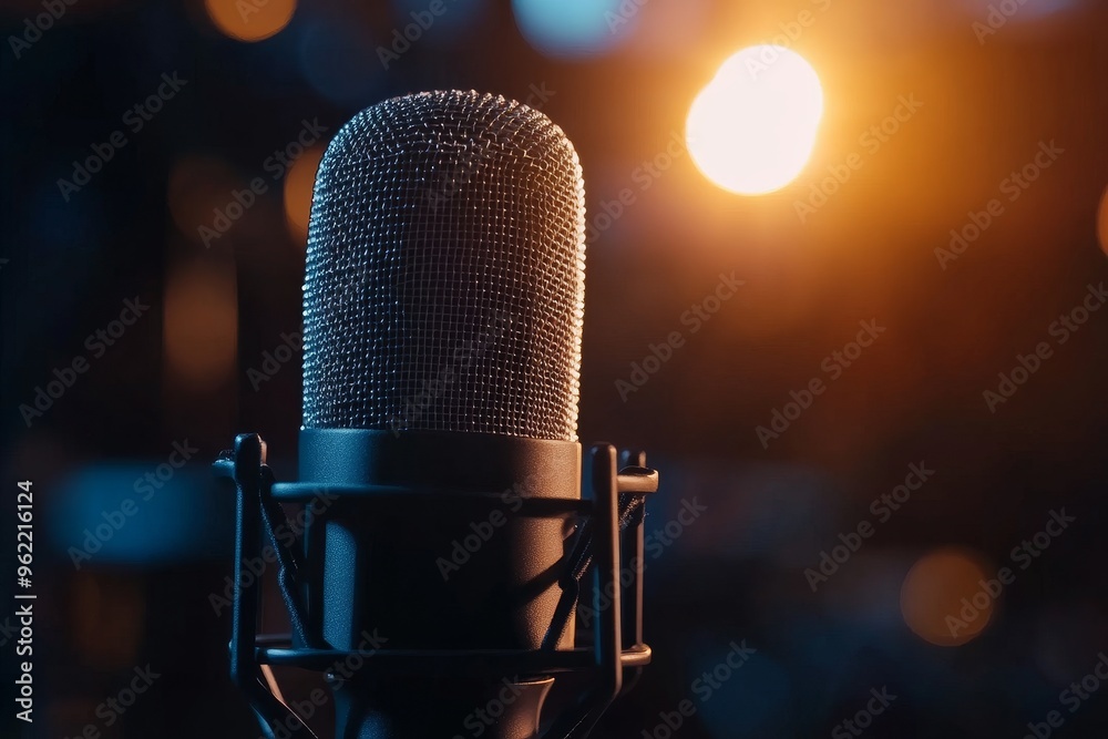 A close-up shot of a professional microphone, capturing its intricate details and the soft glow of studio lights in the background, symbolizing the creation of music, podcasts, or audio recordings. A close-up shot of a professional microphone, capturing its intricate details and the soft glow of studio lights in the background, symbolizing the creation of music, podcasts, or audio recordings.