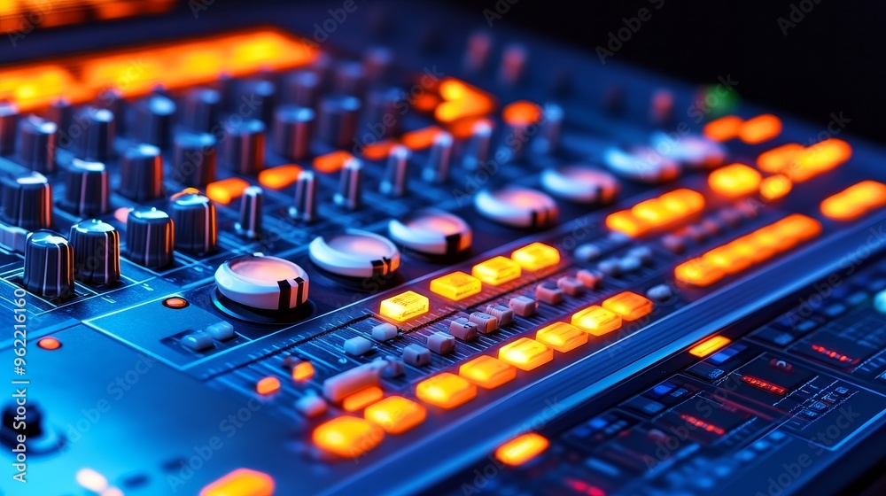 A close-up shot of a sound mixing board with illuminated buttons, representing creativity, control, sound engineering, music production, and audio technology. A close-up shot of a sound mixing board with illuminated buttons, representing creativity, control, sound engineering, music production, and audio technology.