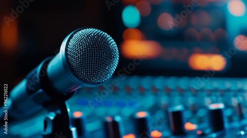 A close-up shot of a professional microphone positioned over an audio mixer in a recording studio, representing the tools of creativity, communication, and sound engineering.