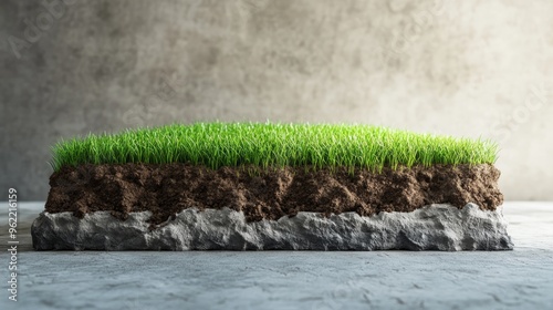 3D land sign against lawn on cubicle soil and geology cross section with green grass, ground ecology isolated on light color real estate sale, property investment concept. 3d illustration.