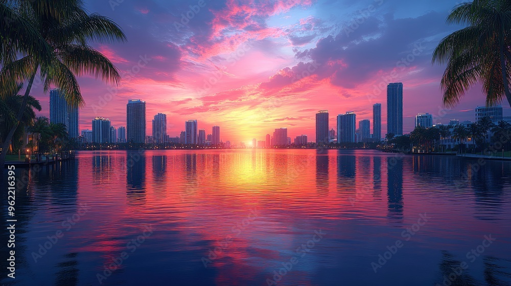 Obraz premium Vibrant Sunset over Miami Skyline with Palm Trees