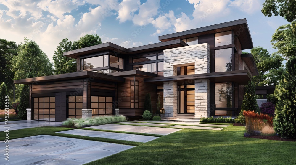 Modern home exterior with large garage and landscaped front yard Modern home exterior with large garage and landscaped front yard