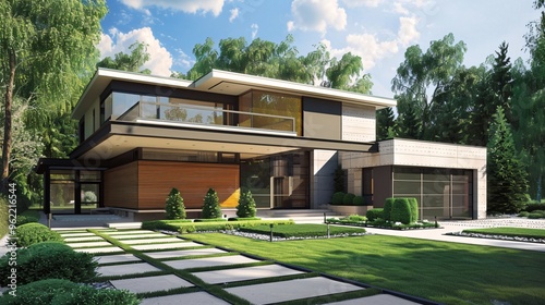 Modern home exterior with large garage and landscaped front yard