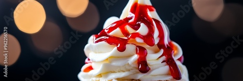 A close-up shot of a vanilla soft serve ice cream sundae topped with a generous amount of bright red strawberry sauce. The creamy ice cream is swirled and fluffy, creating a delicious and inviting tex