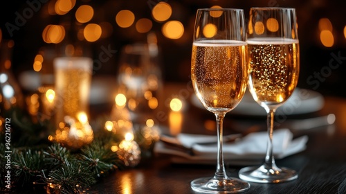 Two Glasses of Sparkling Wine on a Festive Table Setting