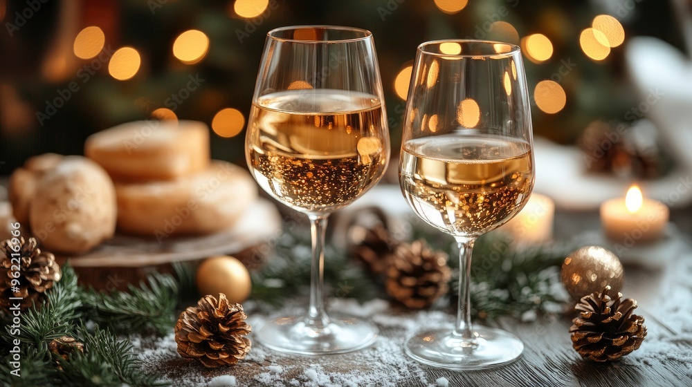 Festive White Wine Glasses with Christmas Decorations Festive White Wine Glasses with Christmas Decorations