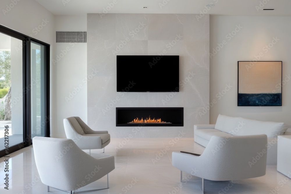 Obraz premium A contemporary living room with a white accent wall featuring a mounted TV and a linear gas fireplace. The room is furnished with modern white chairs and a sofa, creating a clean and minimalist aesthe