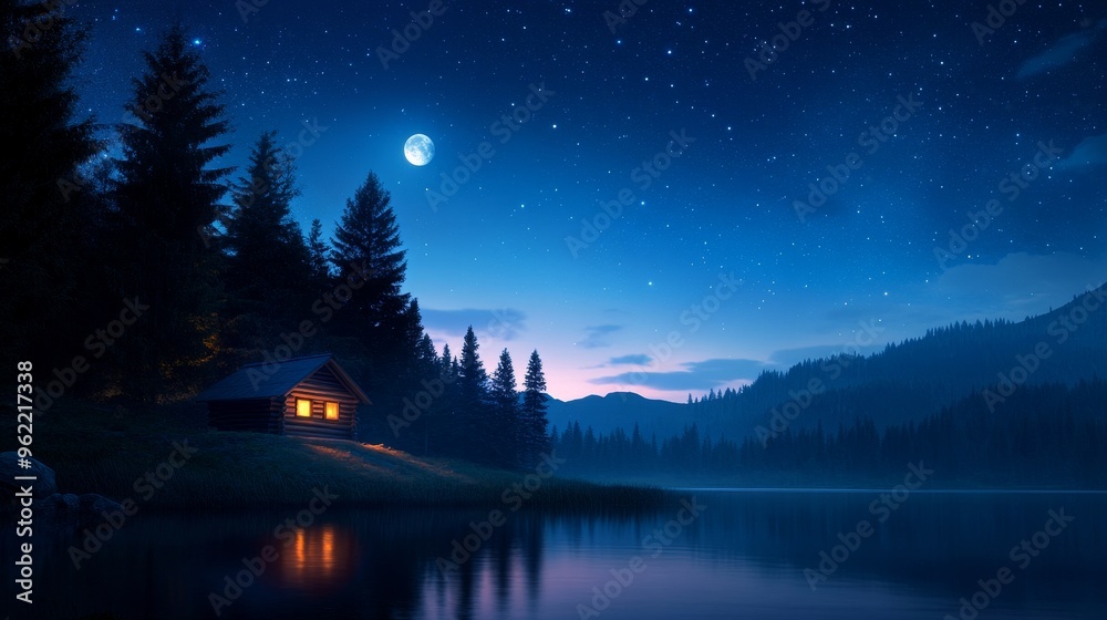Fototapeta premium A cozy cabin nestled on the shore of a serene lake, bathed in the soft glow of a full moon and a blanket of twinkling stars. The scene evokes a sense of peace, tranquility, and escape from the hustle 